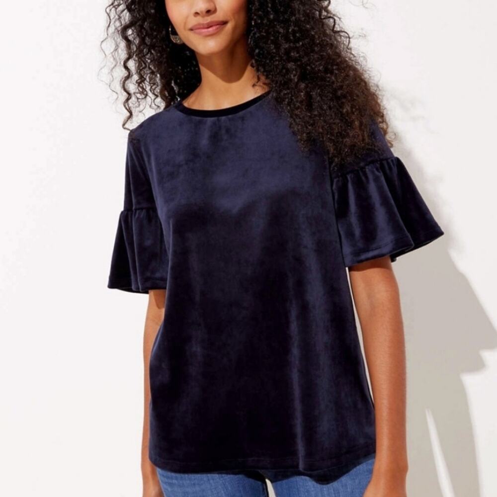 Ann Taylor NWT Blue Velvet Ruffle Sleeve Top Short Sleeve Crew Neck Relaxed XS